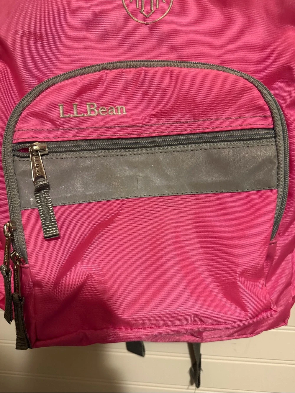 L.L.Bean Pink Backpack Gray Trim Monogram AGA School Book Bag Daypack